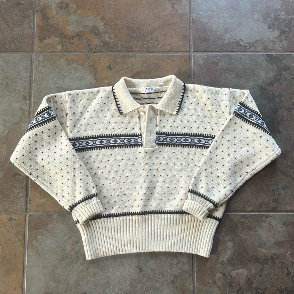 Esprit Cream V-Neck Polo Sweater with Black Pattern